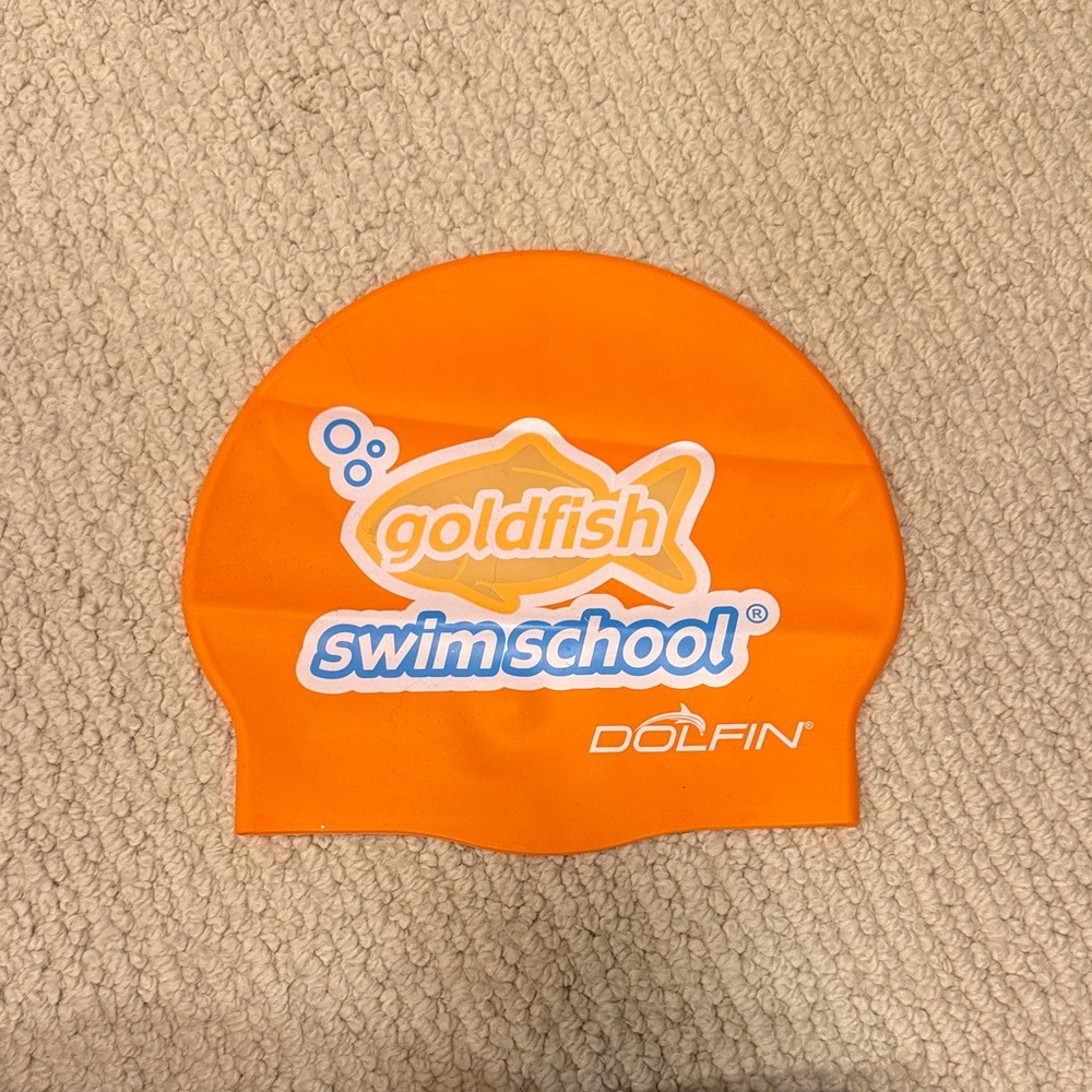 Dolfin Kids Orange Swim Cap with Goldfish Swim School Logo